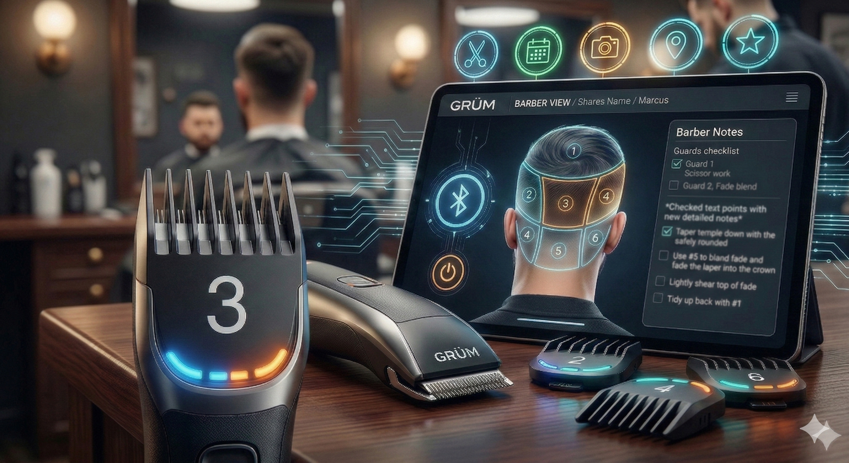 GRUM smart clipper with Bluetooth guards and barber view tablet interface