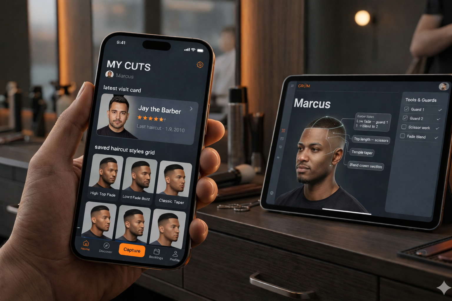 Client app showing My Cuts library alongside barber tablet view with cut details