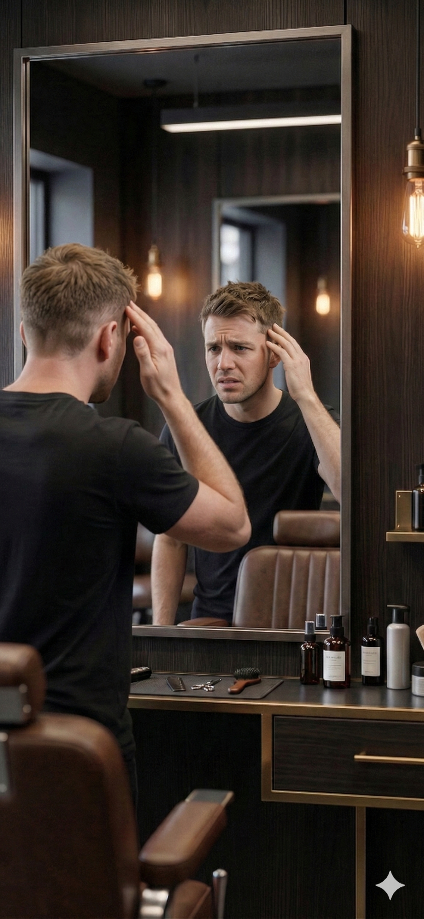 Man frustrated looking at his haircut in the mirror