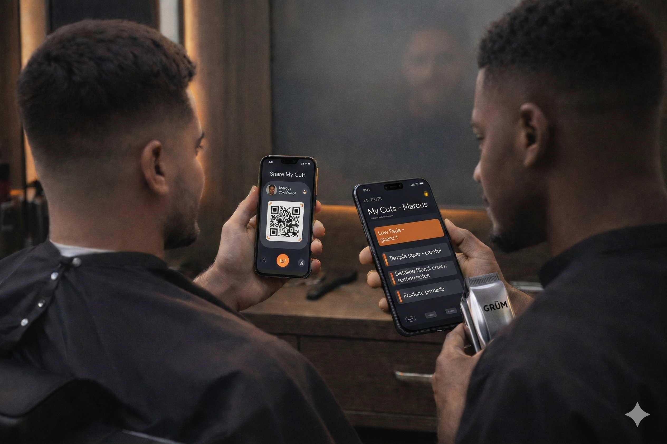 QR code sharing and barber view showing cut details on phones